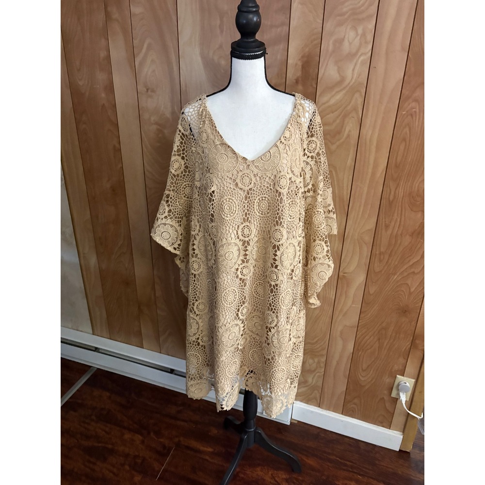 Shein Curve Tan Beige Crochet Lace V-Neck Shift Dress Plus Size 1XL Boho Summer